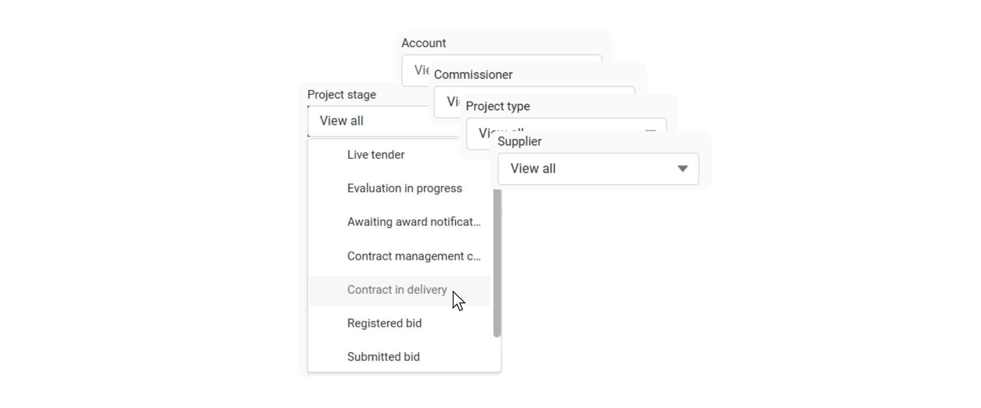 A composite image of the different types of filters available on the SVP Platform - by project stage, account, comissioner, supplier or project type.