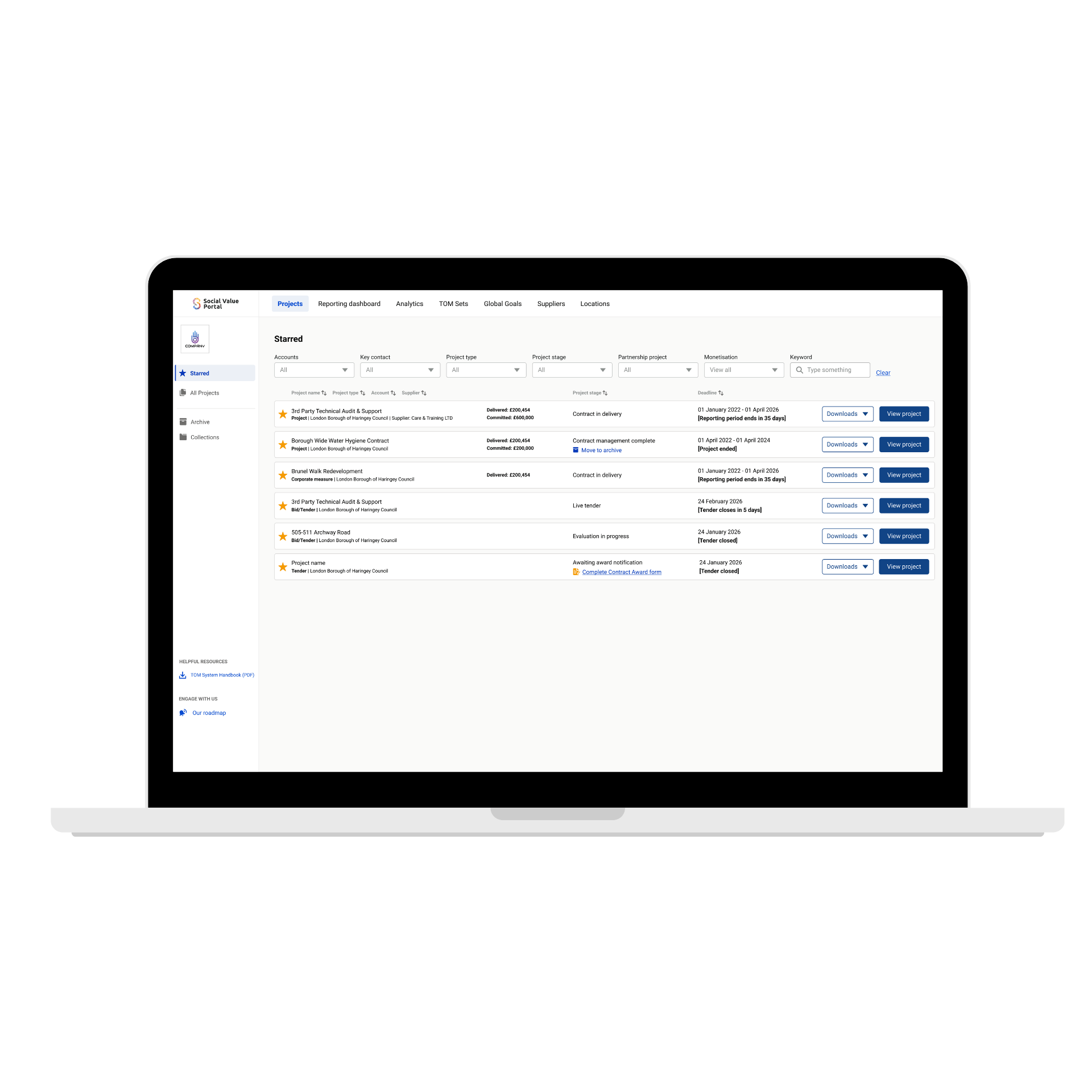 A screenshot of the new Social Value Portal member homepage UI